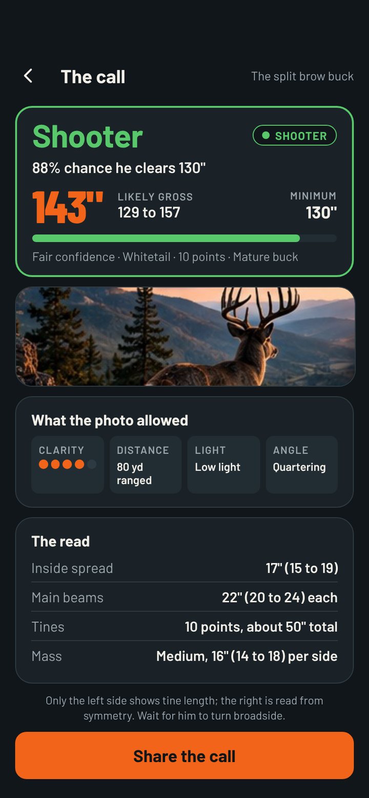 A Field Judge call in the app: Shooter, 88 percent chance he clears 130 inches, likely gross 129 to 157, with notes on what the photo allowed.